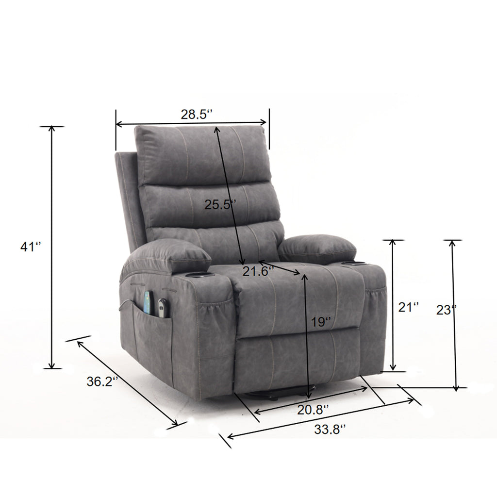 Fauteuil inclinable électrique 21 W, grand format, massage par vibrations à 8 points et chauffage lombaire, télécommande, poches latérales, porte-gobelets