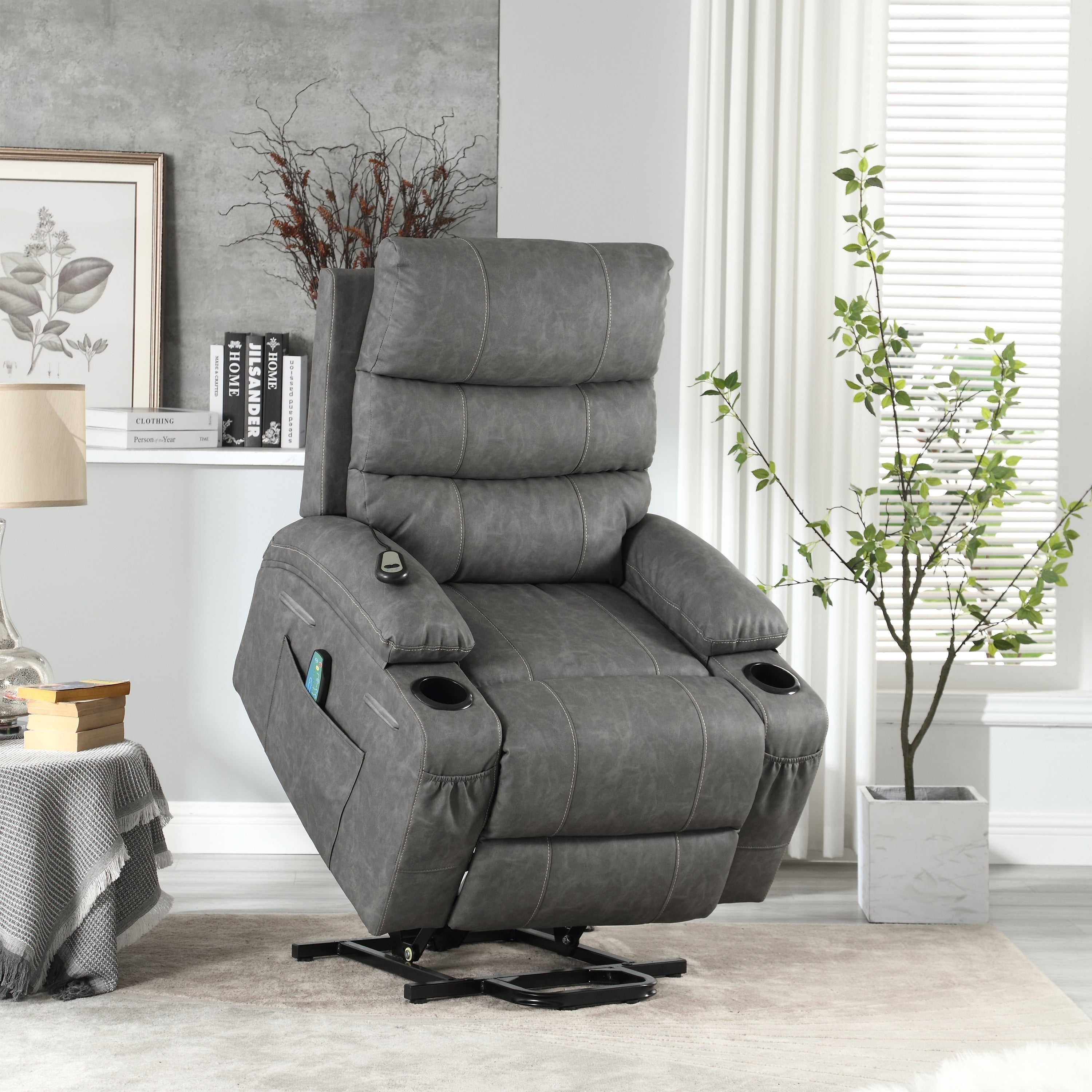 Fauteuil inclinable électrique 21 W, grand format, massage par vibrations à 8 points et chauffage lombaire, télécommande, poches latérales, porte-gobelets