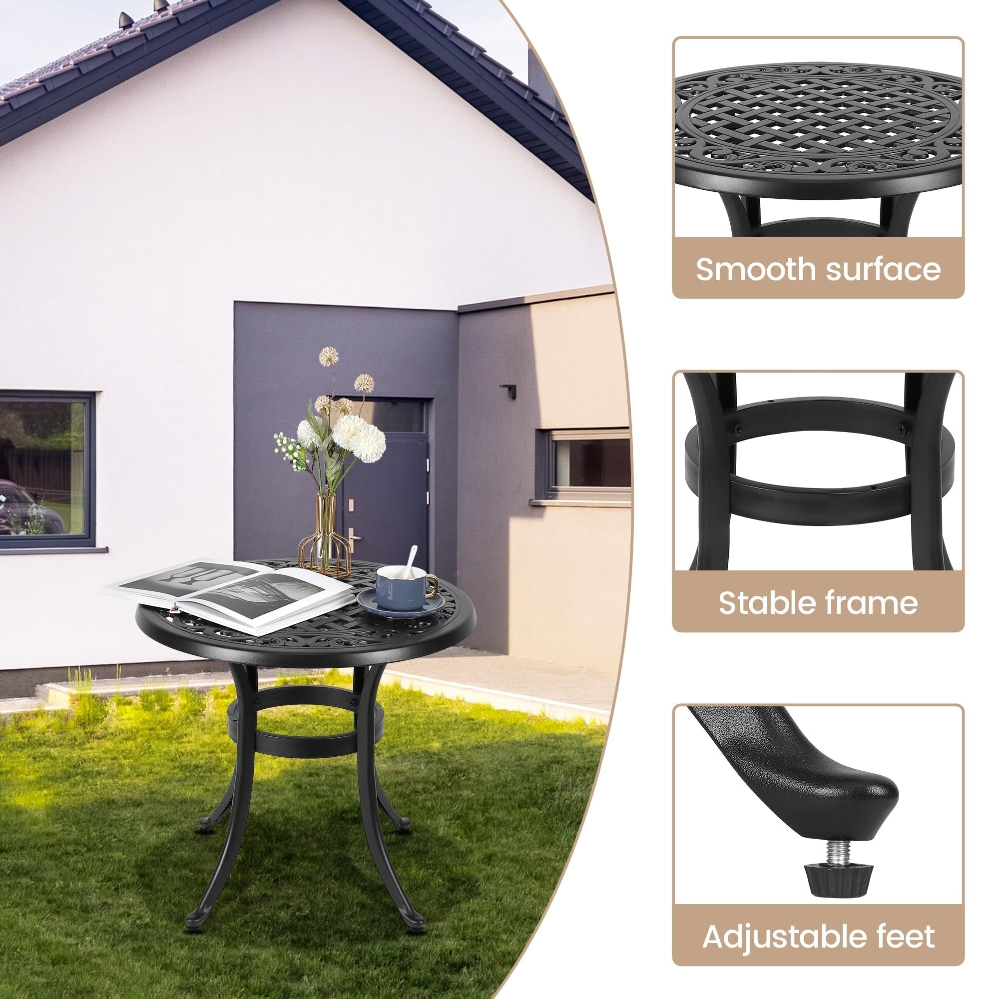 Table de bistrot ronde d'extérieur en fonte d'aluminium 23,22 pouces, table d'appoint ronde d'extérieur en mosaïque