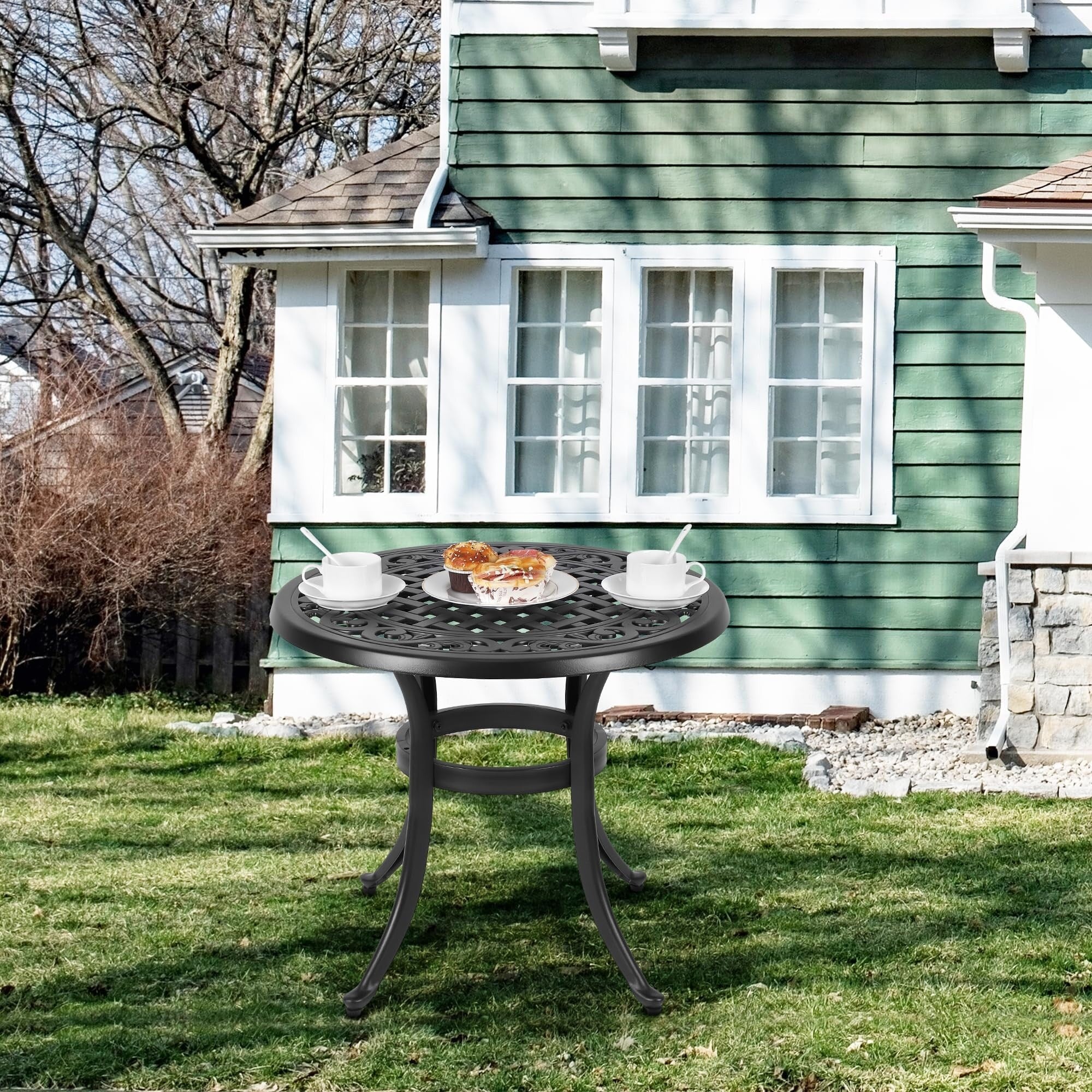 Table de bistrot ronde d'extérieur en fonte d'aluminium 23,22 pouces, table d'appoint ronde d'extérieur en mosaïque