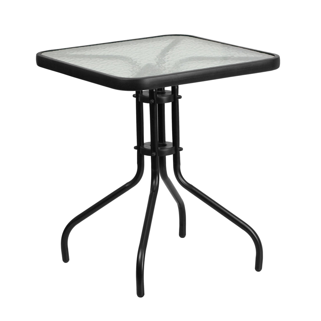 Table carrée en verre et métal de 23,5 po avec 2 chaises empilables en rotin - 23,50 L x 23,50 P x 28 H - 23,50 L x 23,50 P x 28 H