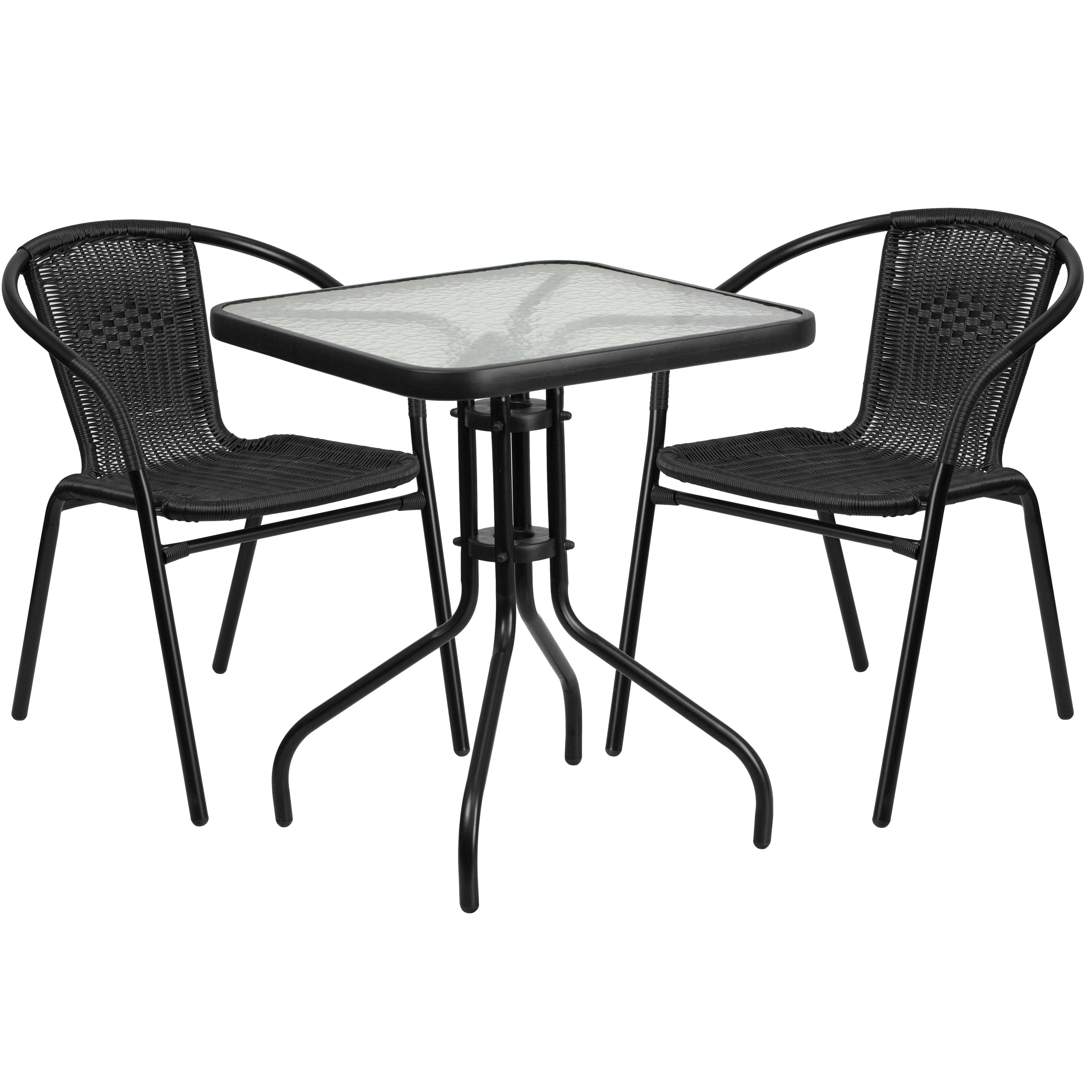 Table carrée en verre et métal de 23,5 po avec 2 chaises empilables en rotin - 23,50 L x 23,50 P x 28 H - 23,50 L x 23,50 P x 28 H