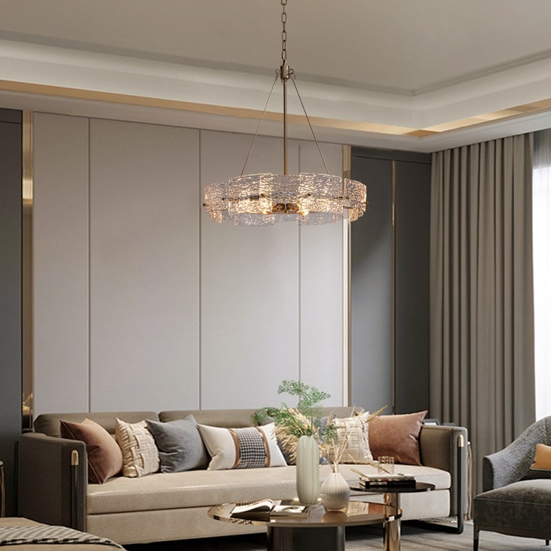 Lustre moderne en cristal doré de 23,6 po, 6 lumières, style tambour glamour, pour îlot de cuisine et salle à manger