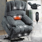 Fauteuil inclinable électrique de grande taille, largeur d'assise 23 et dossier haut, en chenille bleu-gris, avec massage par vibrations à 8 points
