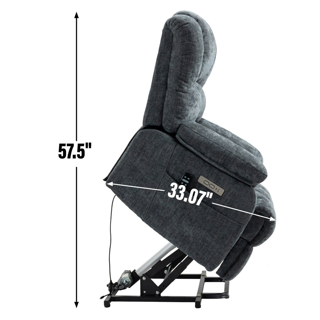 Fauteuil inclinable électrique de grande taille, largeur d'assise 23 et dossier haut, en chenille bleu-gris, avec massage par vibrations à 8 points