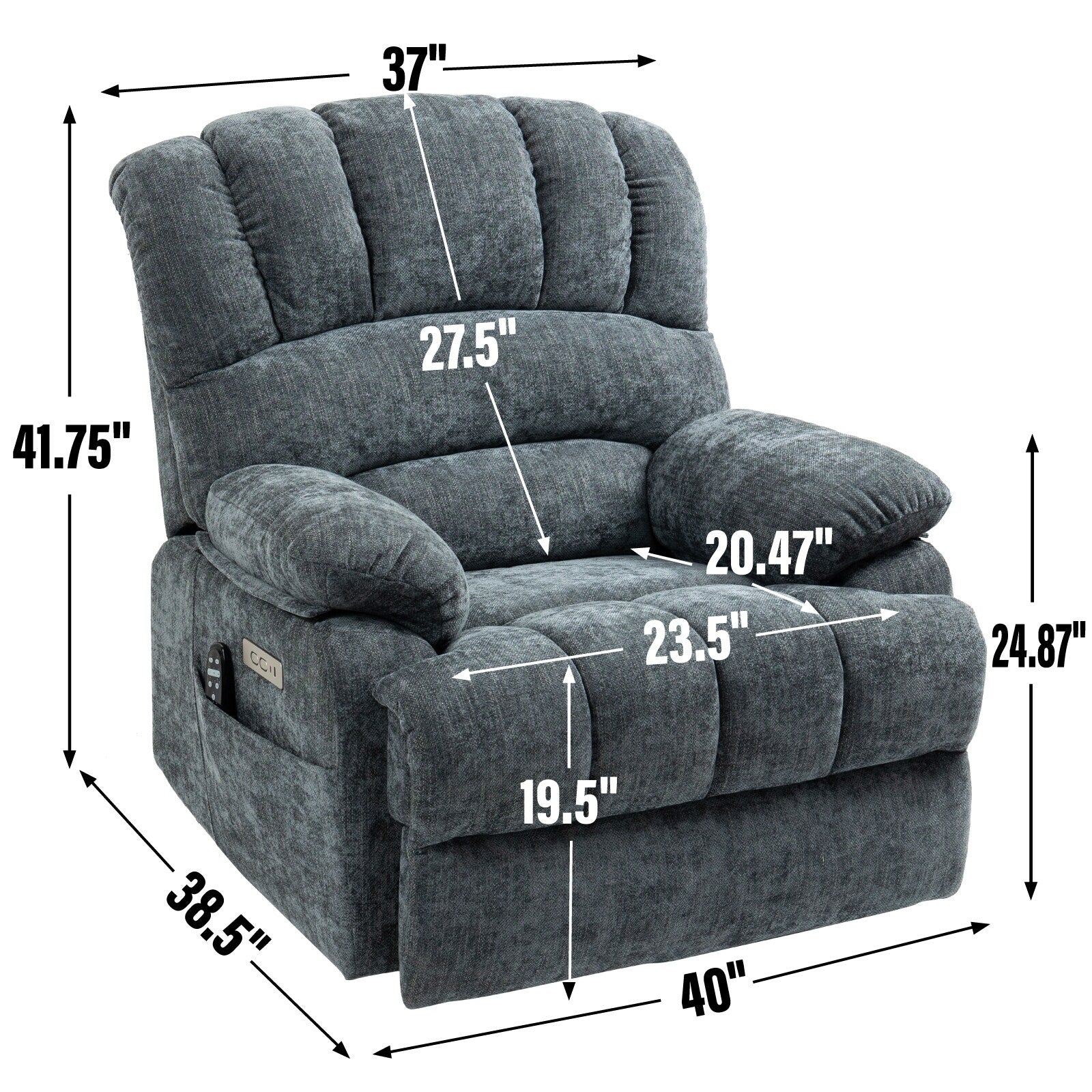 Fauteuil inclinable électrique de grande taille, largeur d'assise 23 et dossier haut, en chenille bleu-gris, avec massage par vibrations à 8 points