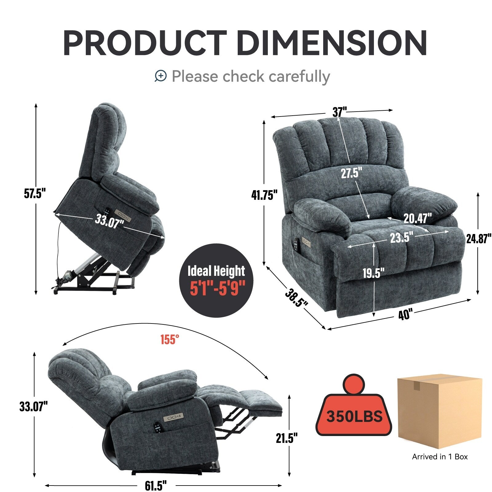 Fauteuil inclinable électrique de grande taille, largeur d'assise 23 et dossier haut, en chenille bleu-gris, avec massage par vibrations à 8 points