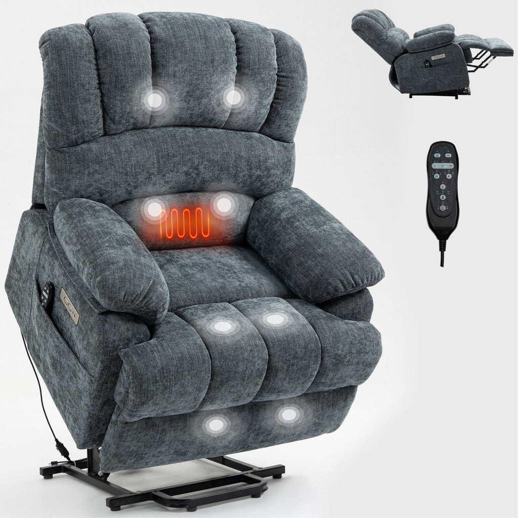 Fauteuil inclinable électrique de grande taille, largeur d'assise 23 et dossier haut, en chenille bleu-gris, avec massage par vibrations à 8 points