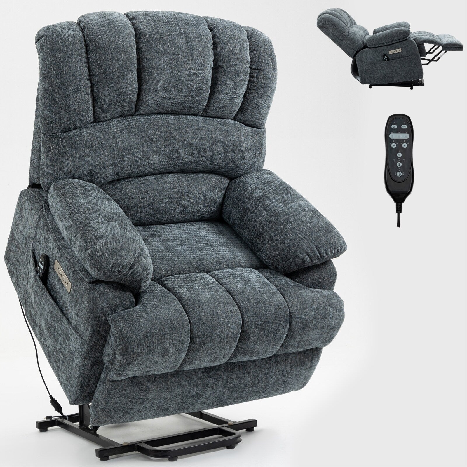 Fauteuil inclinable électrique de grande taille, largeur d'assise 23 et dossier haut, en chenille bleu-gris, avec massage par vibrations à 8 points