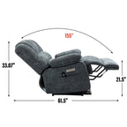 Fauteuil inclinable électrique de grande taille, largeur d'assise 23 et dossier haut, en chenille bleu-gris, avec massage par vibrations à 8 points