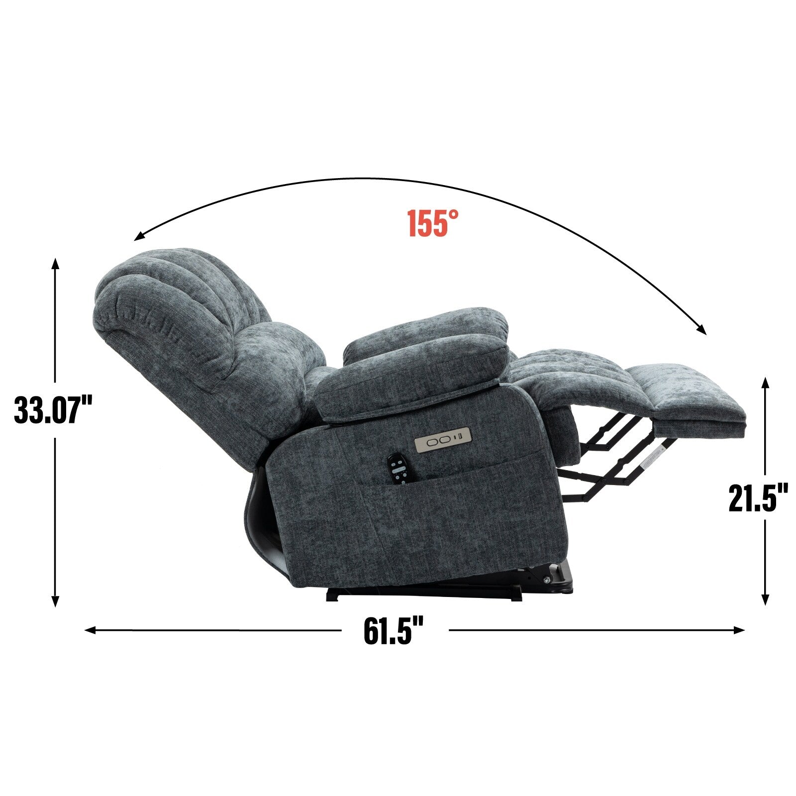 Fauteuil inclinable électrique de grande taille, largeur d'assise 23 et dossier haut, en chenille bleu-gris, avec massage par vibrations à 8 points