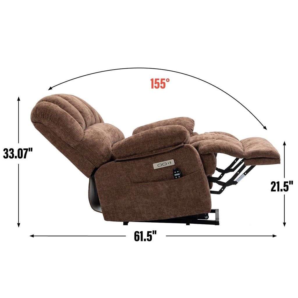 Fauteuil inclinable électrique de grande taille en chenille avec siège large et dossier haut, massage par vibration à 8 points et chauffage lombaire