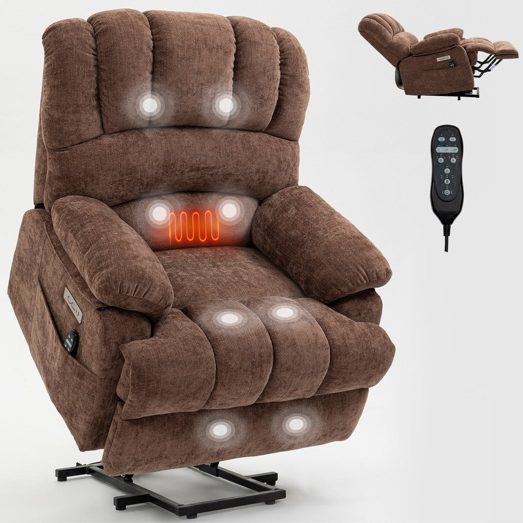 Fauteuil inclinable électrique de grande taille en chenille avec siège large et dossier haut, massage par vibration à 8 points et chauffage lombaire
