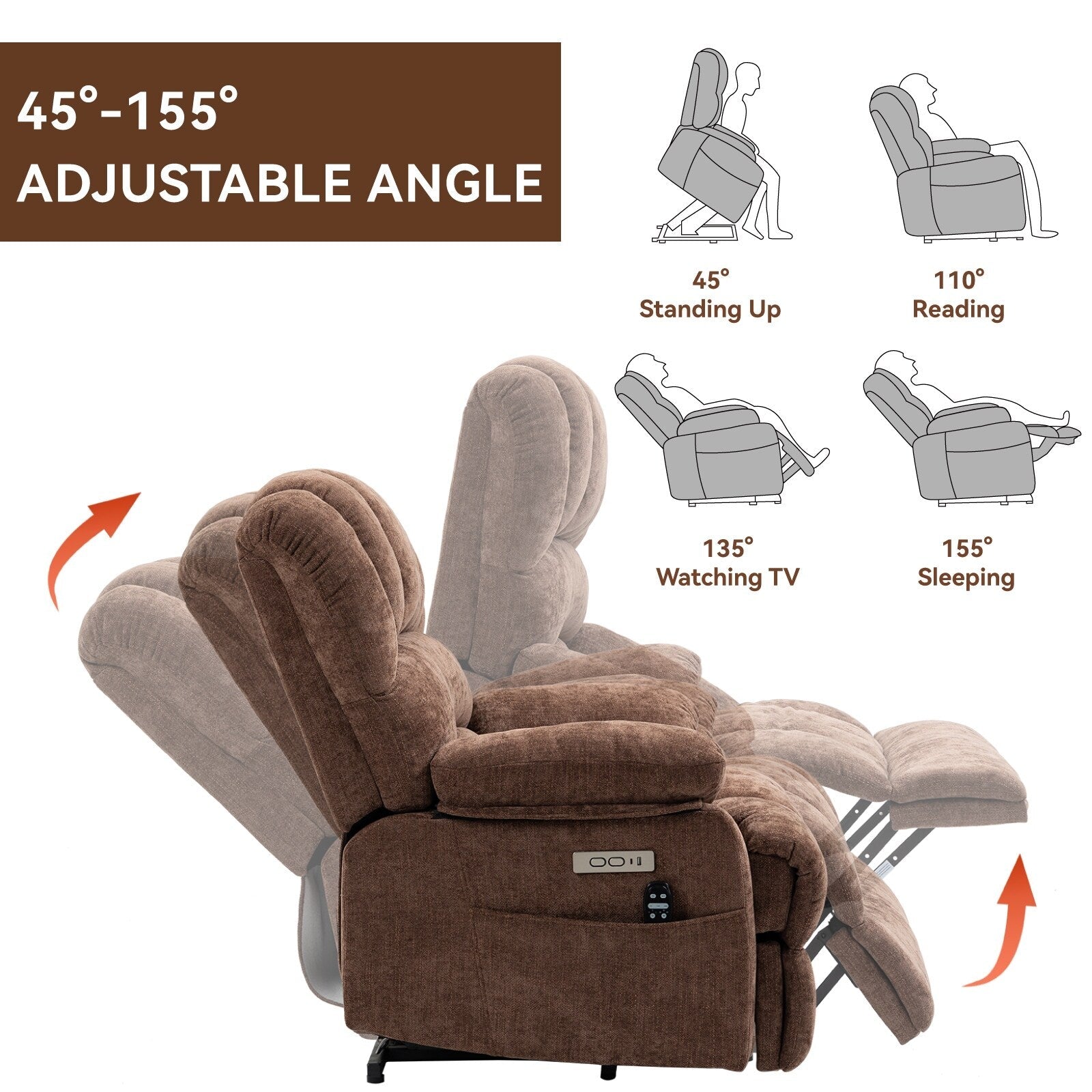 Fauteuil inclinable électrique de grande taille en chenille avec siège large et dossier haut, massage par vibration à 8 points et chauffage lombaire