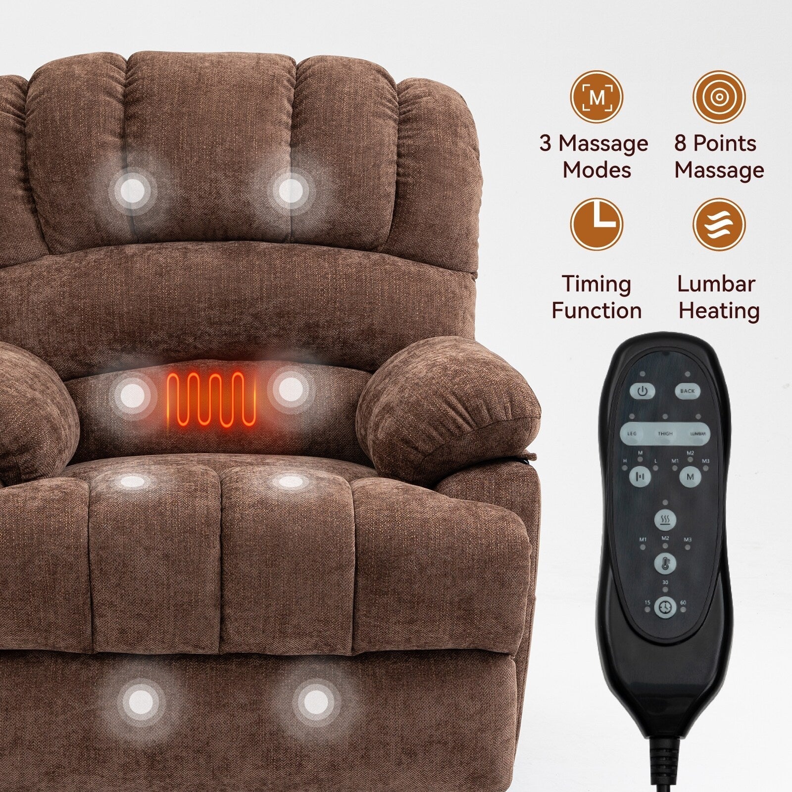 Fauteuil inclinable électrique de grande taille en chenille avec siège large et dossier haut, massage par vibration à 8 points et chauffage lombaire