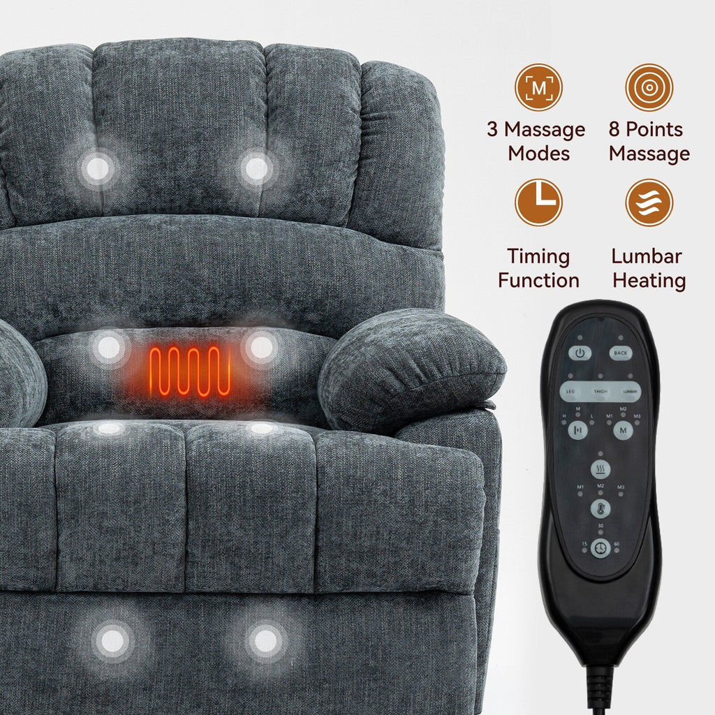 Fauteuil inclinable électrique de grande taille en chenille avec siège large et dossier haut, massage par vibration à 8 points et chauffage lombaire