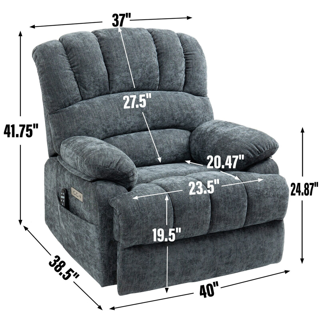 Fauteuil inclinable électrique de grande taille en chenille avec siège large et dossier haut, massage par vibration à 8 points et chauffage lombaire