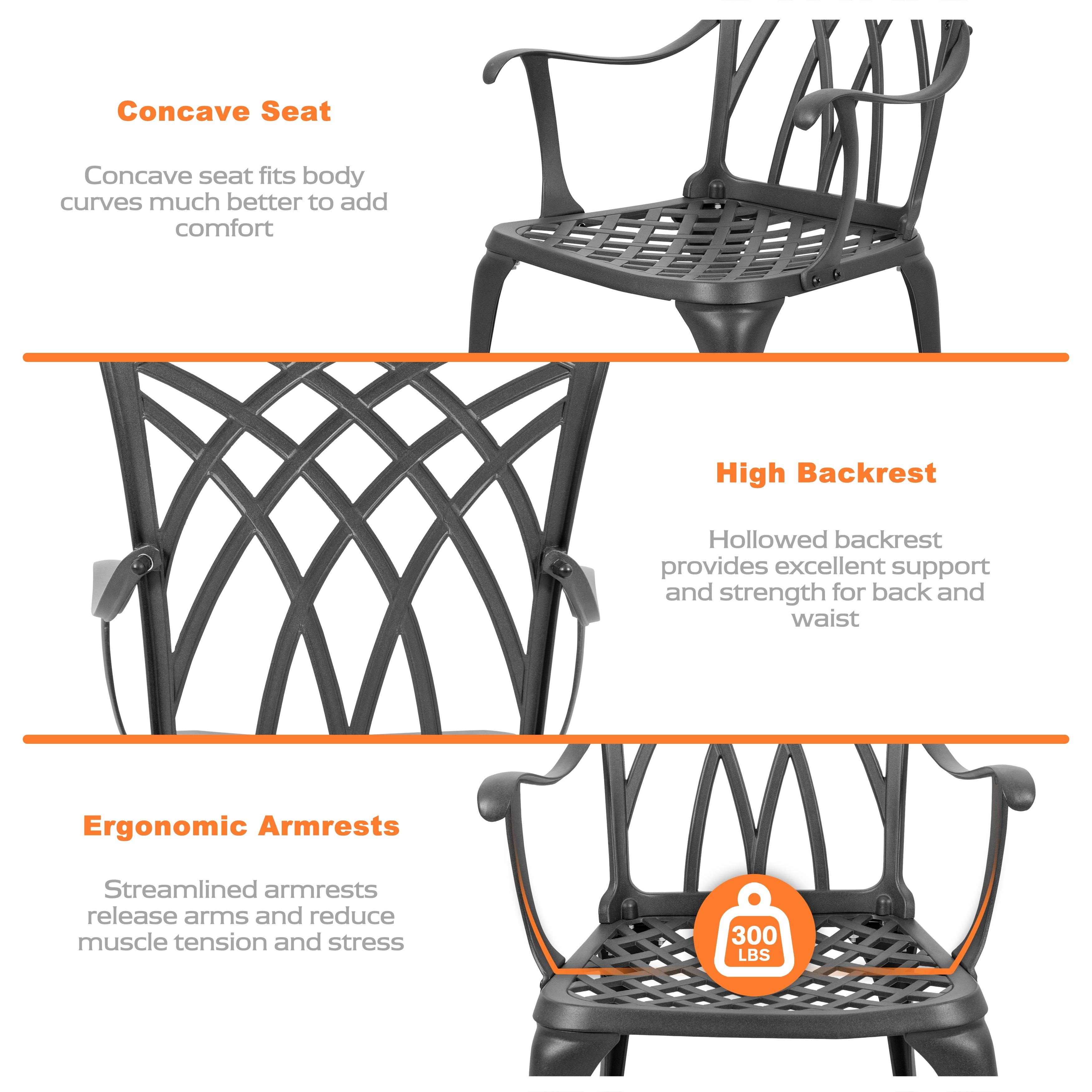 Table bistrot en fonte d'aluminium de 24 pouces avec trou pour parasol et 2 chaises bistrot