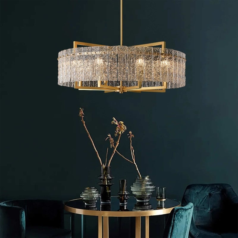 Lustre tambour moderne en cristal doré de 66 cm, 6 lumières, à intensité variable, style glamour, pour îlot de cuisine avec verre dépoli, pour salle à manger