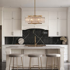 Lustre tambour moderne en cristal doré de 66 cm, 6 lumières, à intensité variable, style glamour, pour îlot de cuisine avec verre dépoli, pour salle à manger