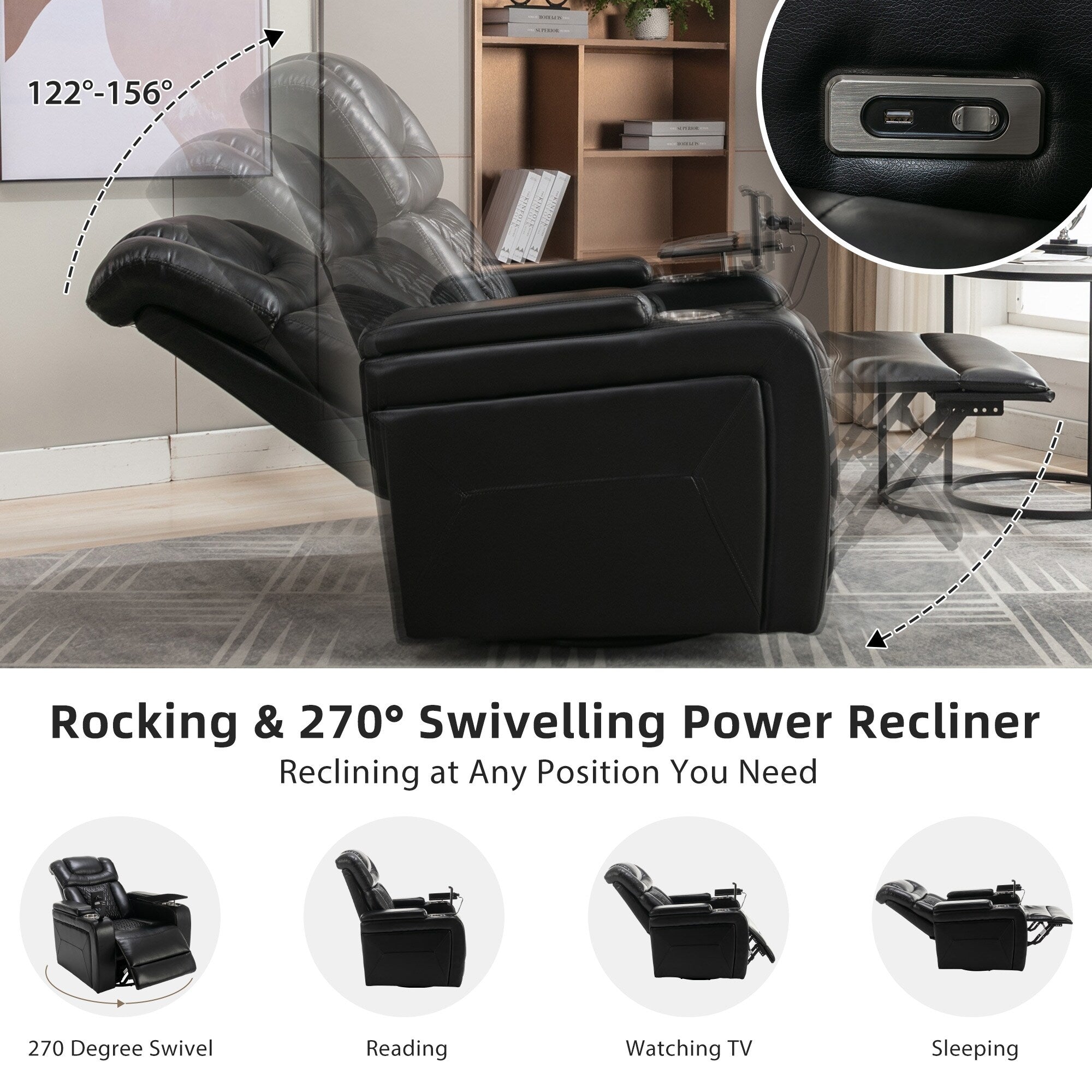 Fauteuil inclinable électrique pivotant à 270 degrés en cuir PU, siège individuel, fauteuil inclinable pour home cinéma avec dossier confortable et plateau