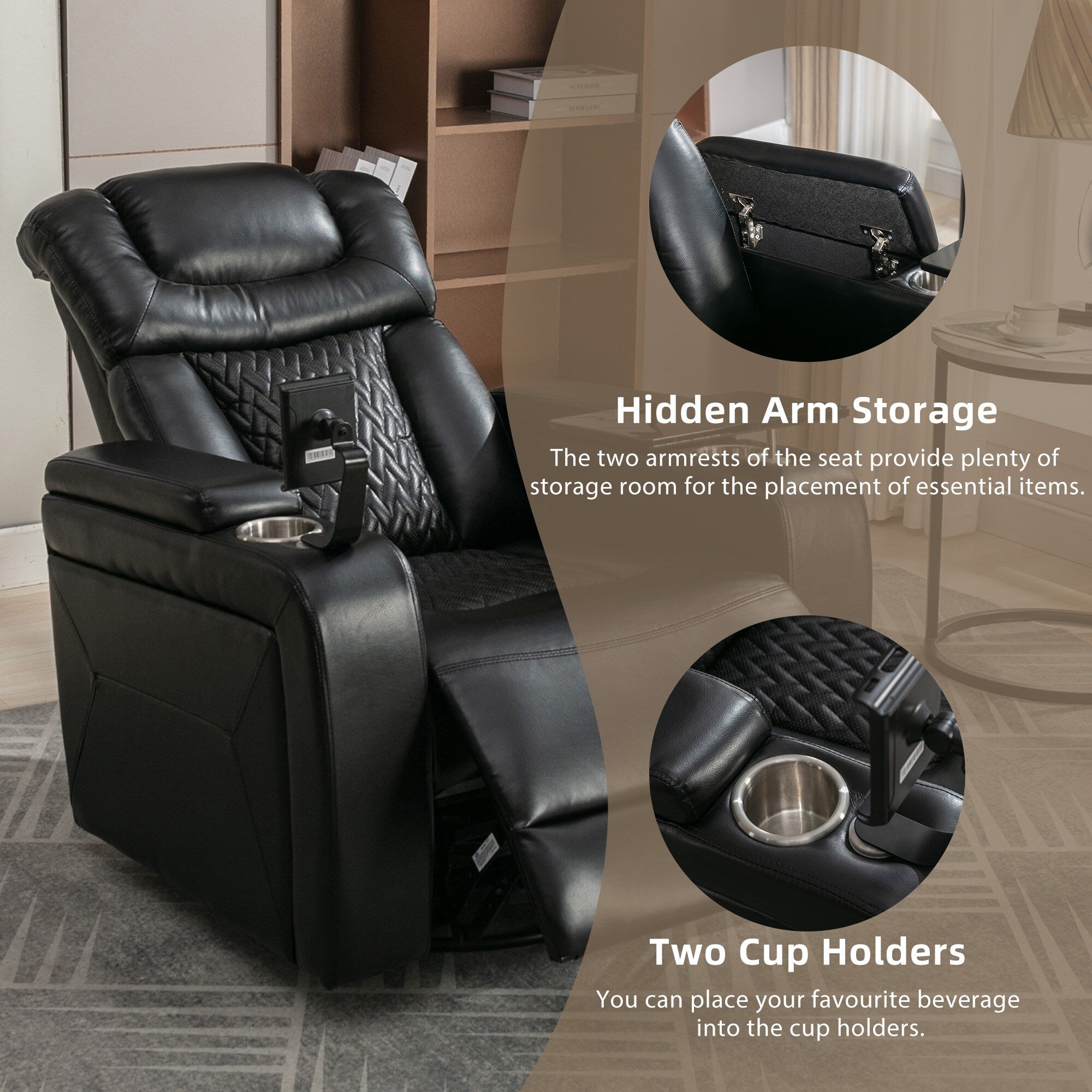 Fauteuil inclinable électrique pivotant à 270 degrés en cuir PU, siège individuel, fauteuil inclinable pour home cinéma avec dossier confortable et plateau