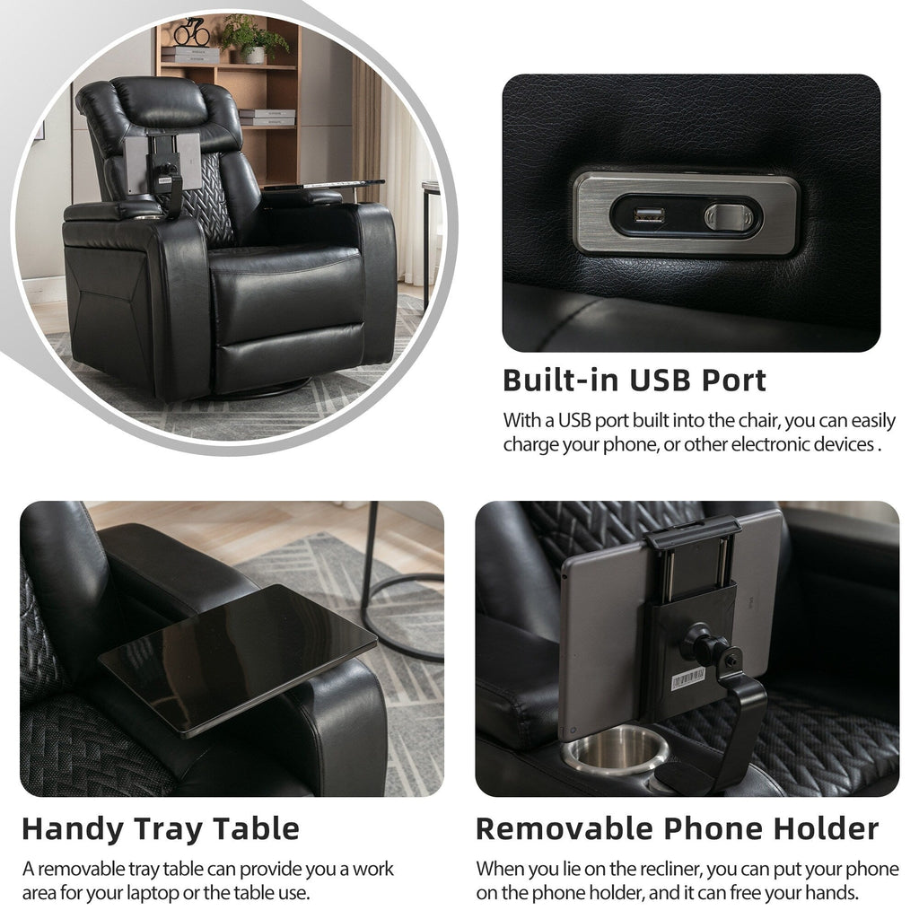 Fauteuil inclinable électrique pivotant à 270 degrés, siège individuel, pour home cinéma, avec plateau, support pour téléphone, porte-gobelet et port USB