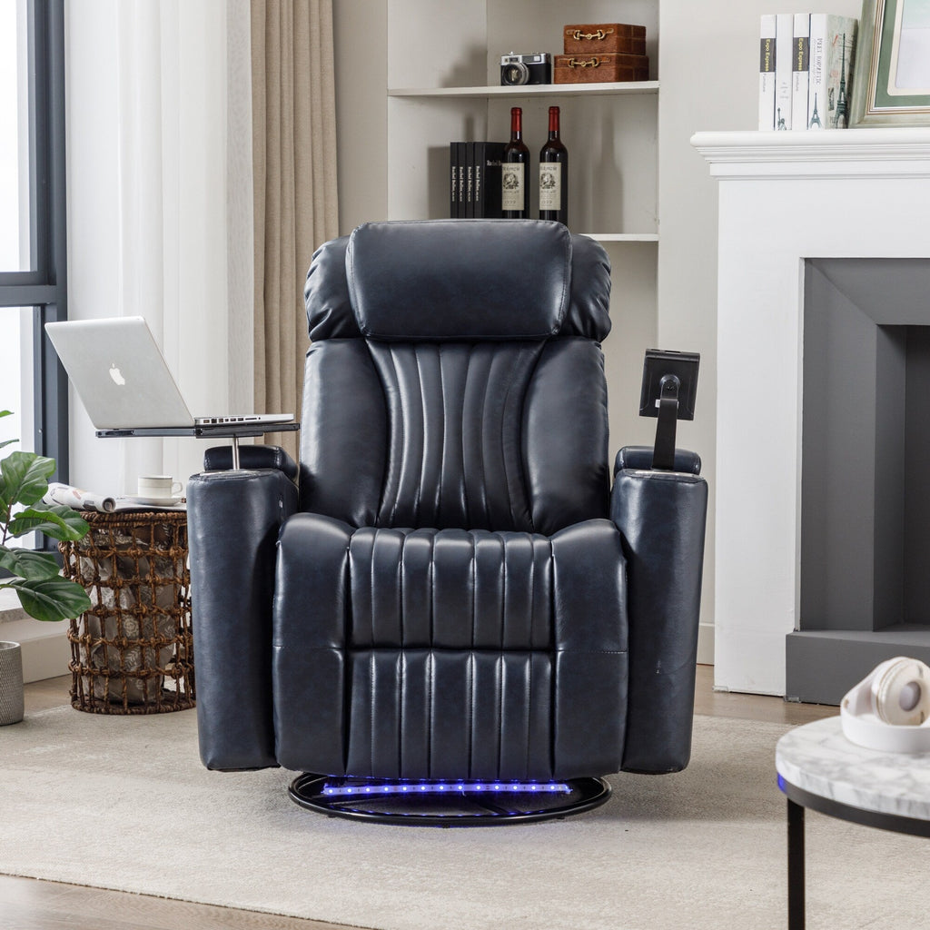 Fauteuil inclinable pivotant à 270°, siège home cinéma avec rangement dissimulé pour les accoudoirs, bande lumineuse LED et porte-gobelet