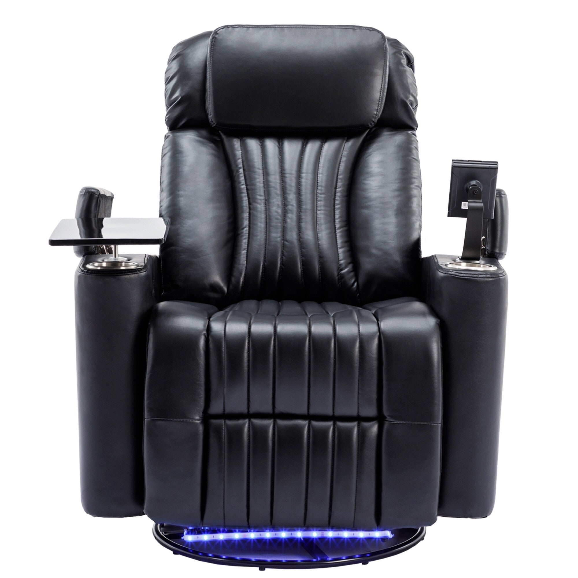 Fauteuil inclinable pivotant à 270°, siège home cinéma avec rangement dissimulé pour les accoudoirs, bande lumineuse LED et porte-gobelet