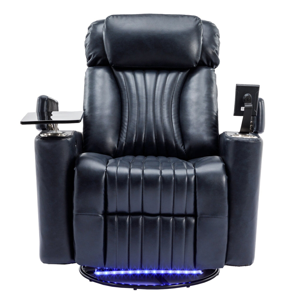 Fauteuil inclinable pivotant à 270°, siège home cinéma avec rangement dissimulé pour les accoudoirs, bande lumineuse LED et porte-gobelet
