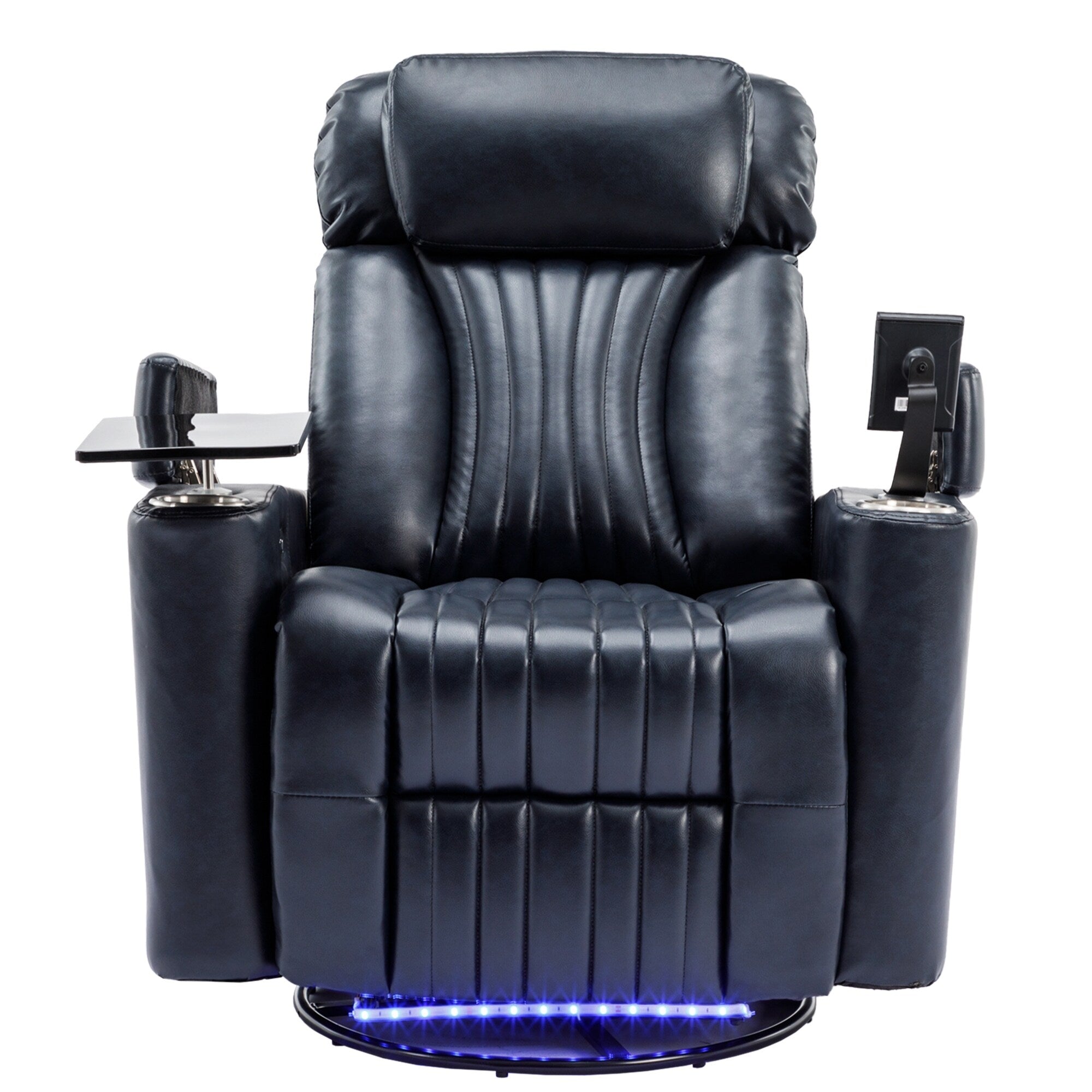 Fauteuil inclinable pivotant à 270°, siège home cinéma avec rangement dissimulé pour les accoudoirs, bande lumineuse LED et porte-gobelet
