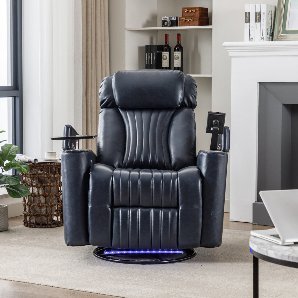 Fauteuil inclinable pivotant à 270°, siège home cinéma avec rangement dissimulé pour les accoudoirs, bande lumineuse LED et porte-gobelet