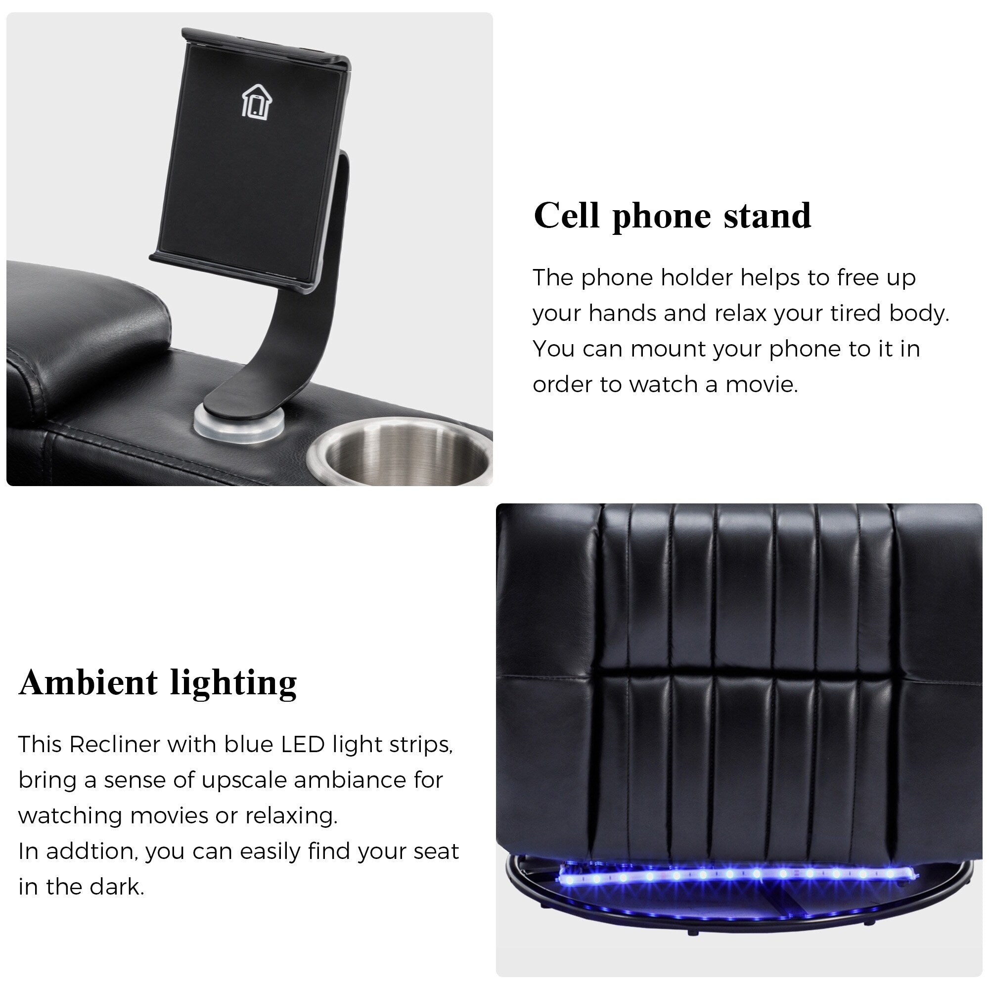 Fauteuil inclinable pivotant à 270°, siège home cinéma avec rangement dissimulé pour les accoudoirs, bande lumineuse LED et porte-gobelet