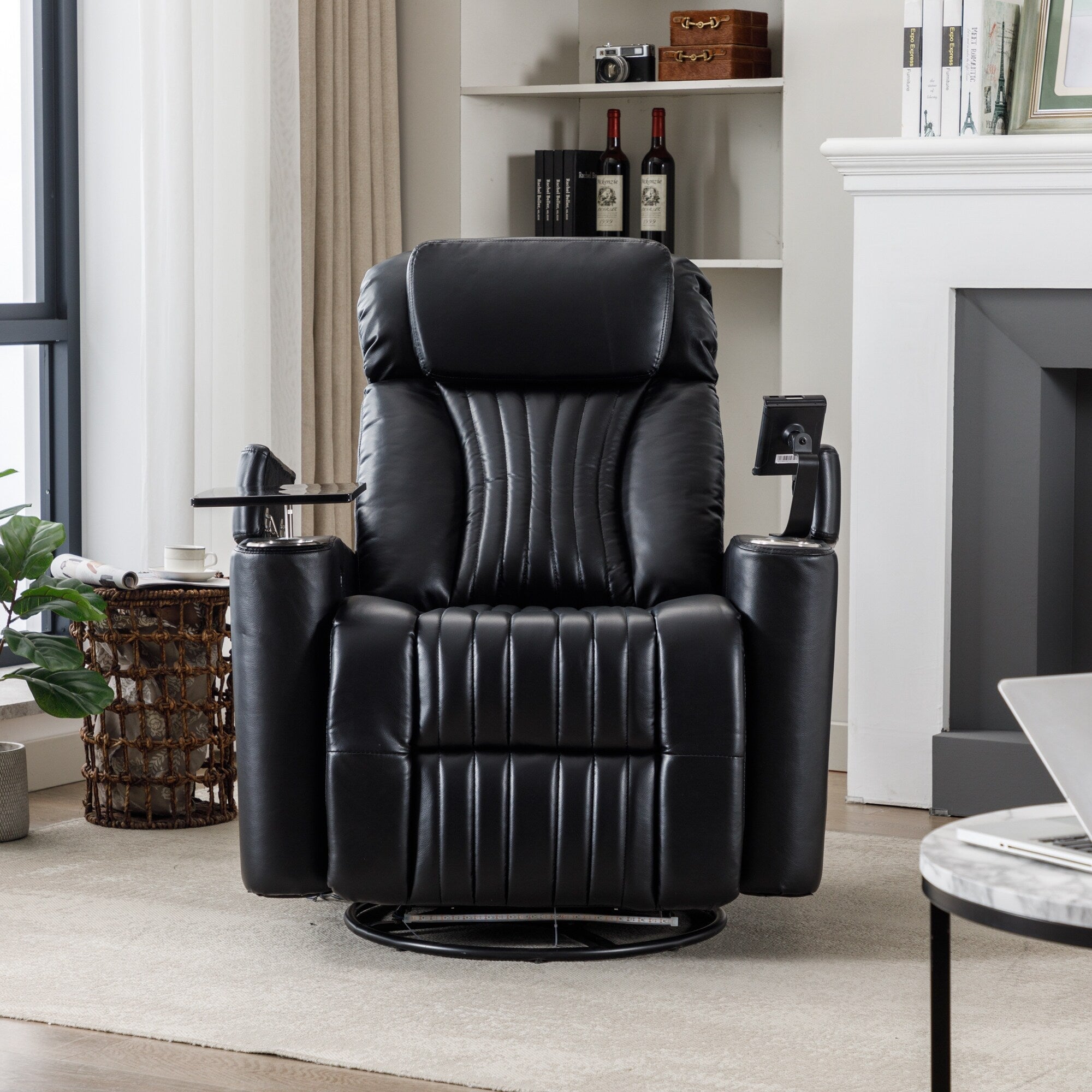Fauteuil inclinable pivotant à 270°, siège home cinéma avec rangement dissimulé pour les accoudoirs, bande lumineuse LED et porte-gobelet