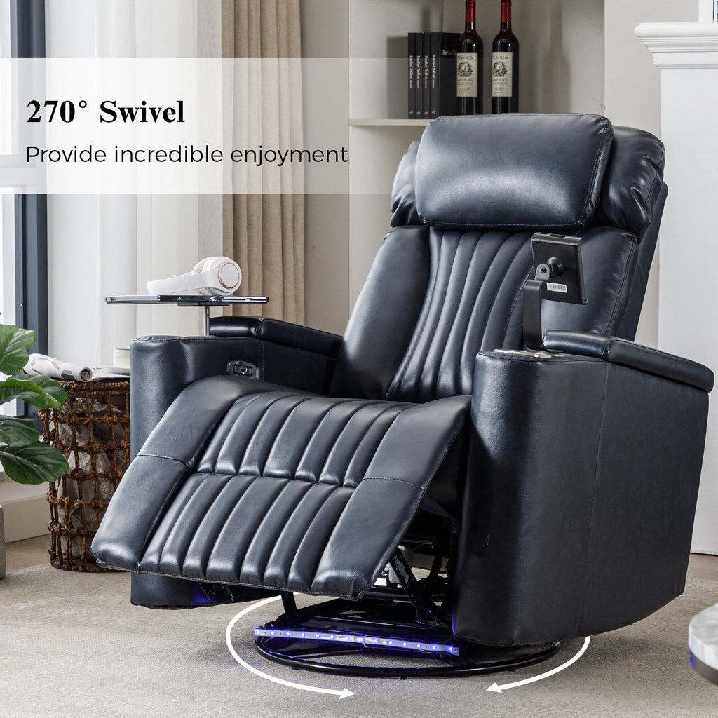 Fauteuil inclinable pivotant à 270°, siège home cinéma avec rangement dissimulé pour les accoudoirs, bande lumineuse LED et porte-gobelet
