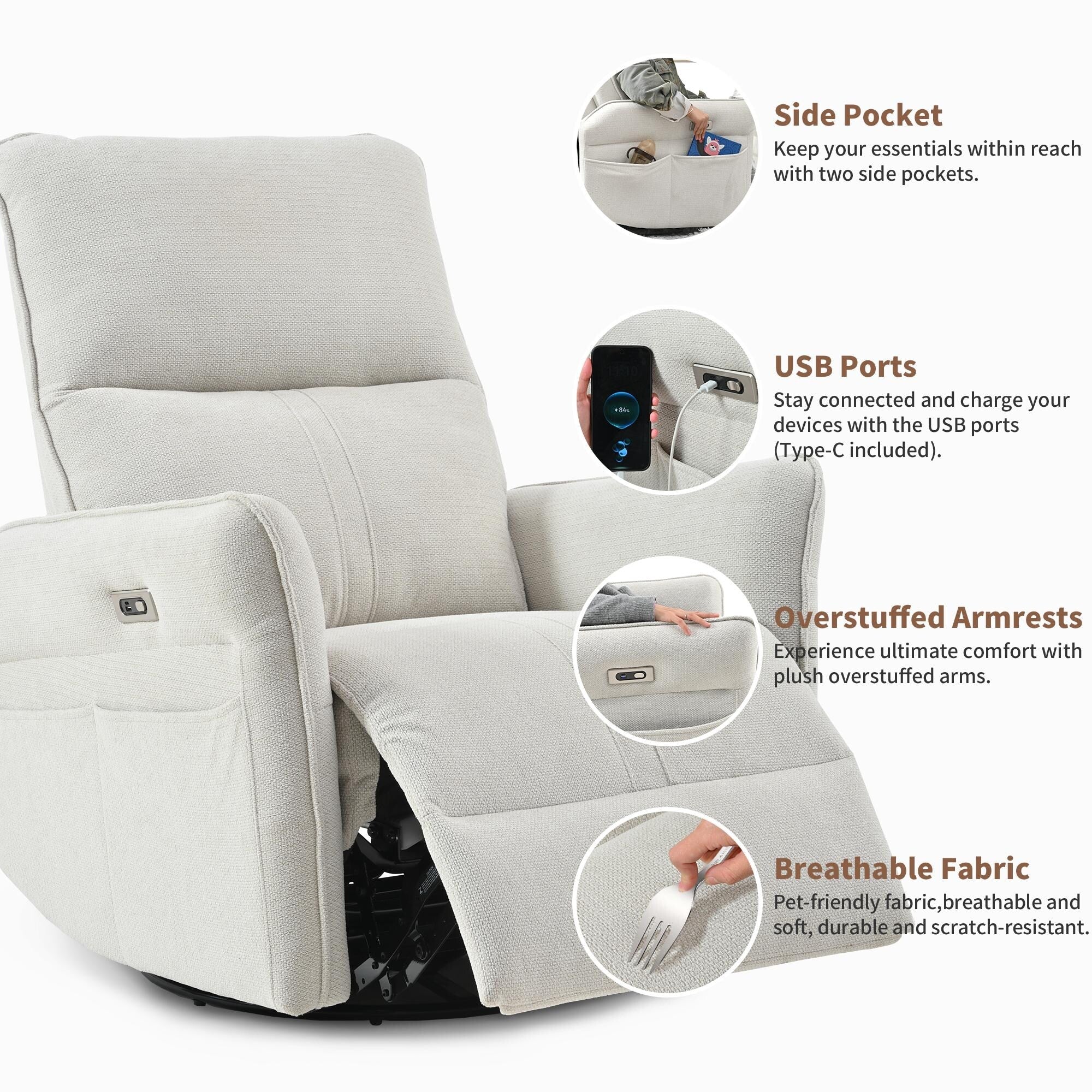 Fauteuil inclinable pivotant à 270° pour adultes, fauteuil inclinable pivotant à bascule, fauteuil inclinable électrique pour petits espaces