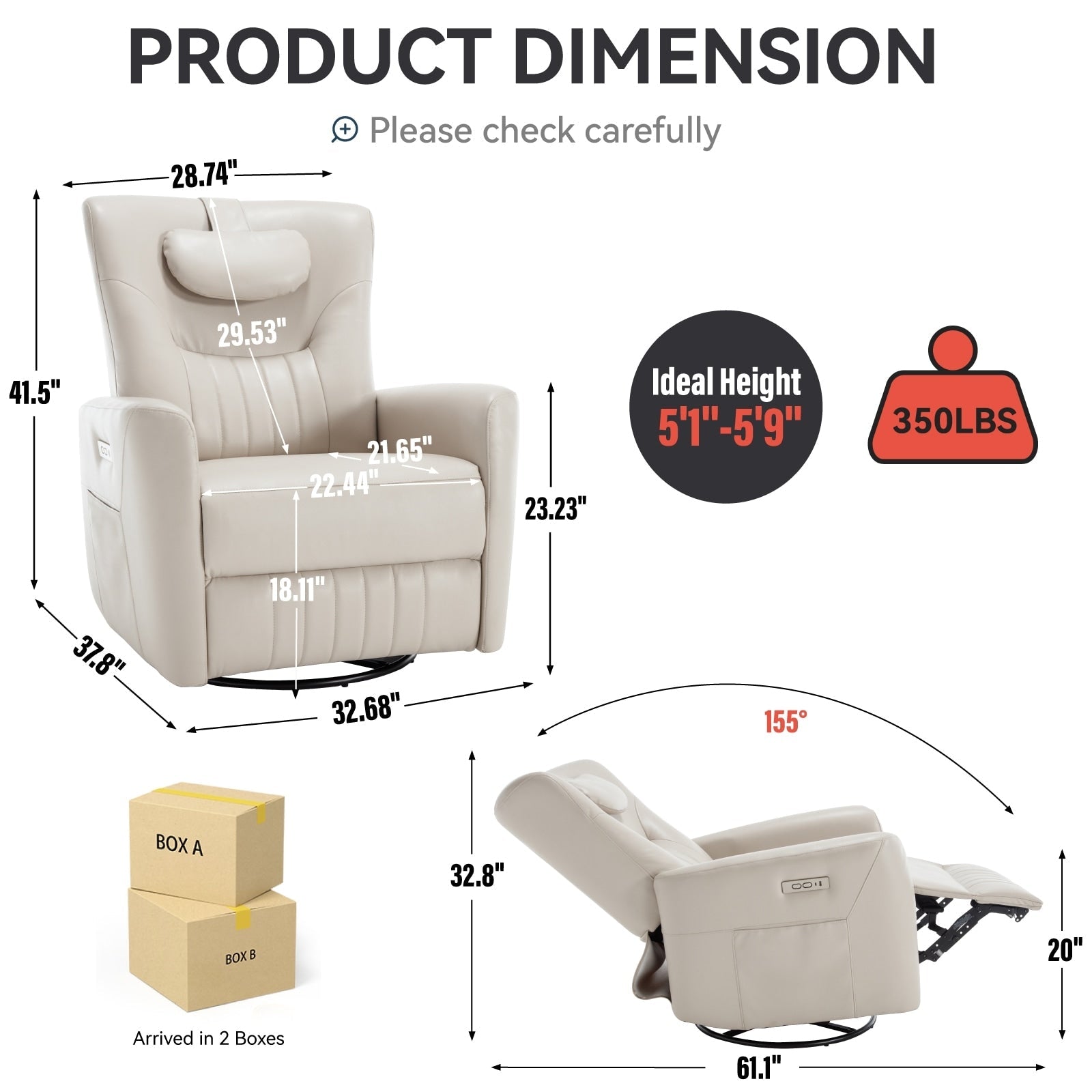 Fauteuil inclinable électrique pivotant à 270°, coussin de soutien, USB, Type-C