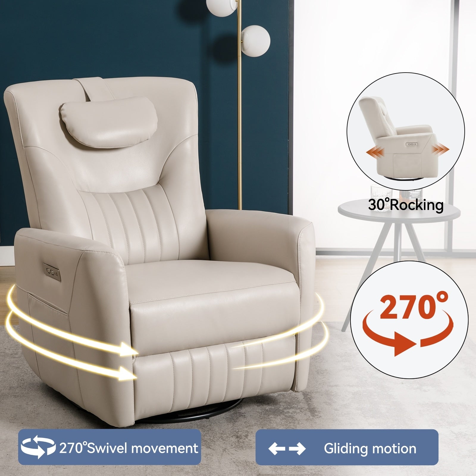 Fauteuil inclinable électrique pivotant à 270°, coussin de soutien, USB, Type-C