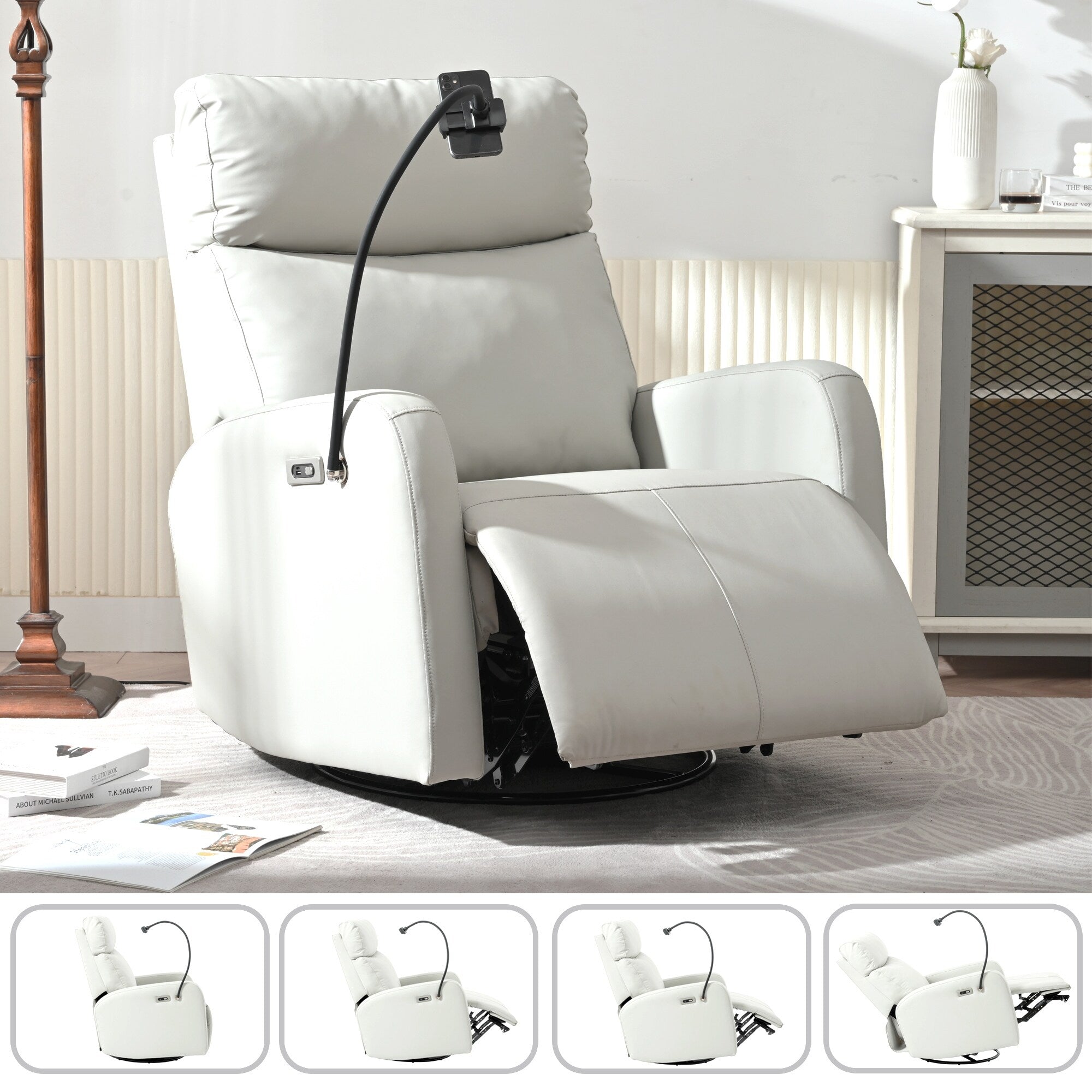 Fauteuil inclinable pivotant à 270° avec ports USB, inclinaison électrique et confort rembourré pour une détente ultime