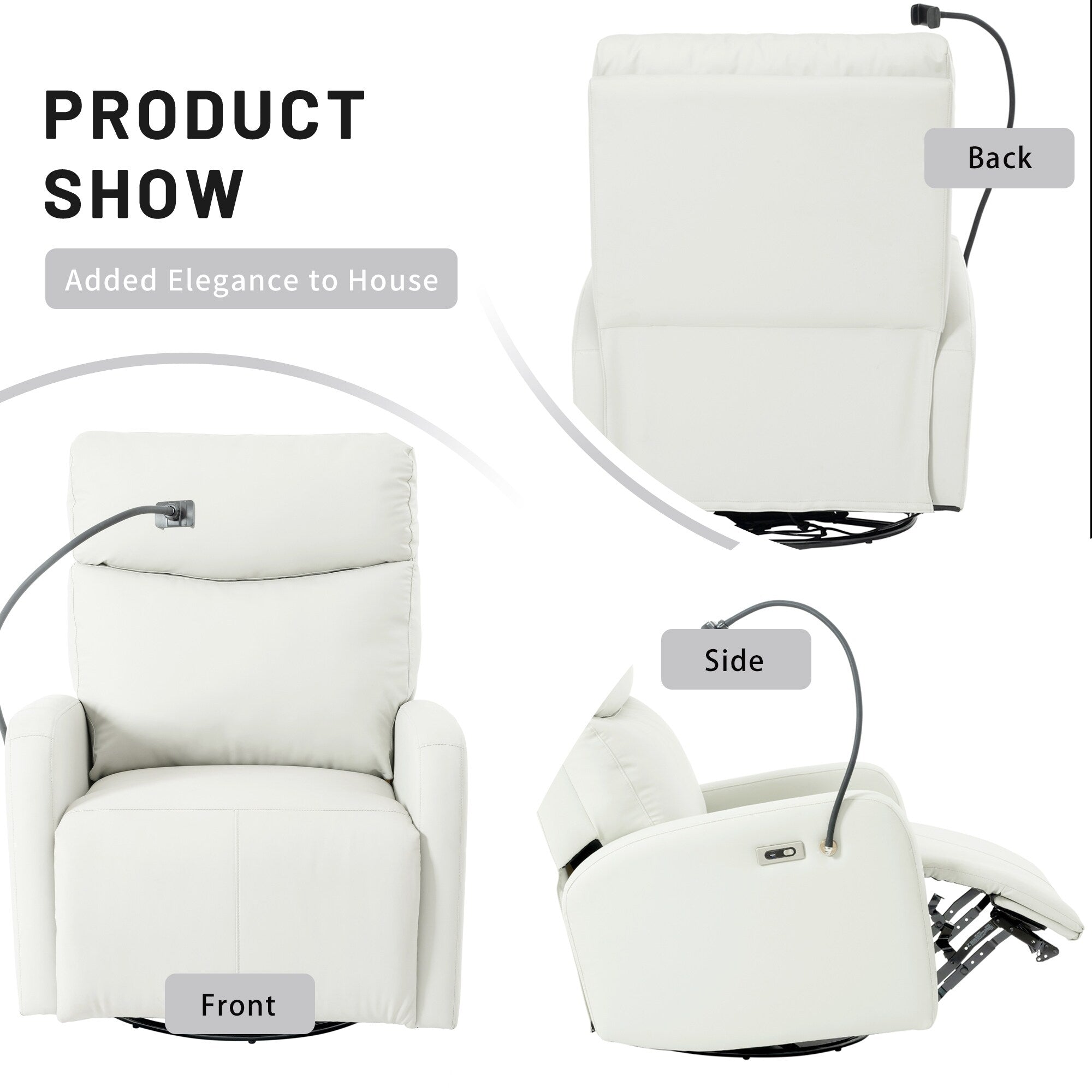 Fauteuil inclinable pivotant à 270° avec ports USB, inclinaison électrique et confort rembourré pour une détente ultime