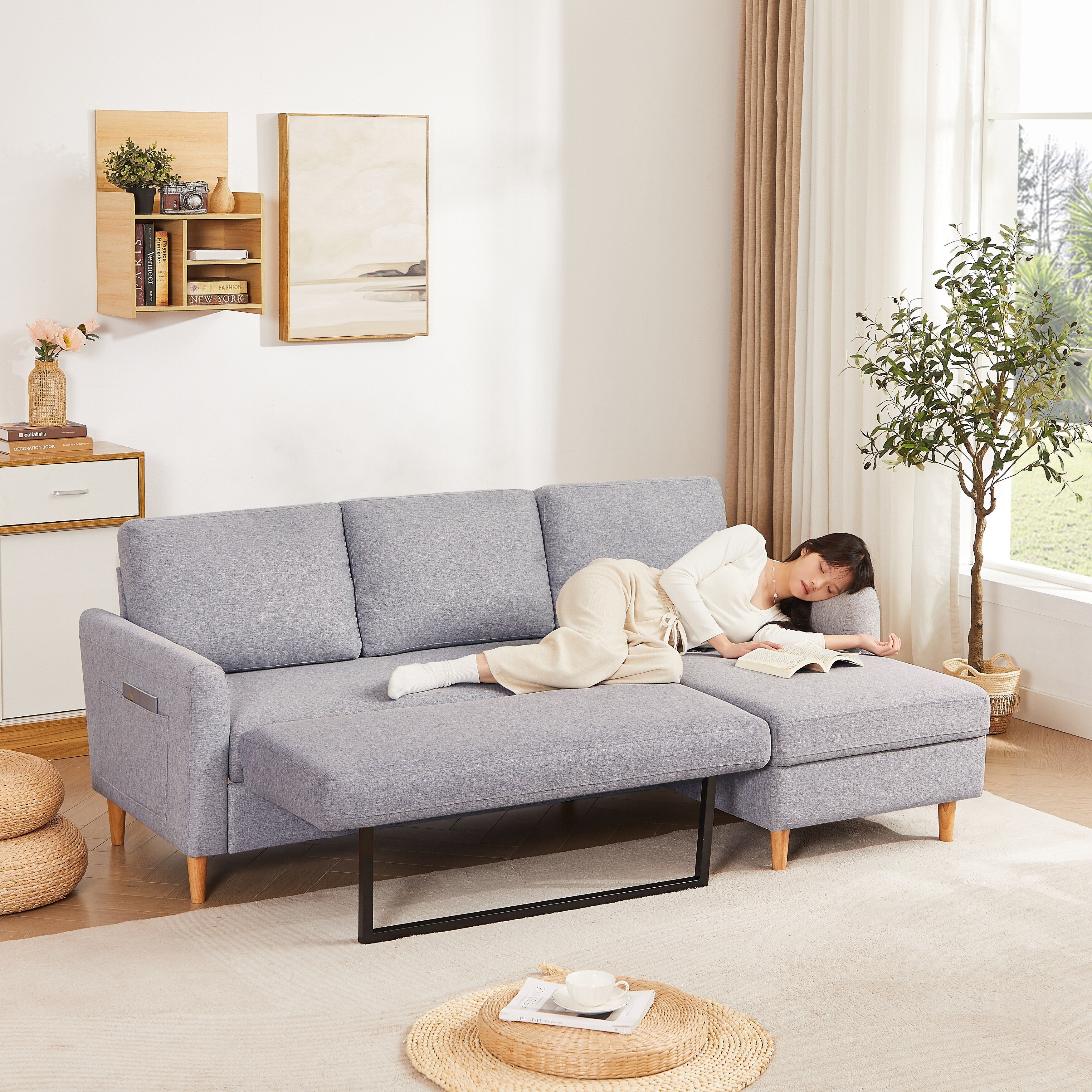 Canapé-lit réglable en forme de L en tissu de 28,35 pouces avec méridienne et poches pour accoudoirs