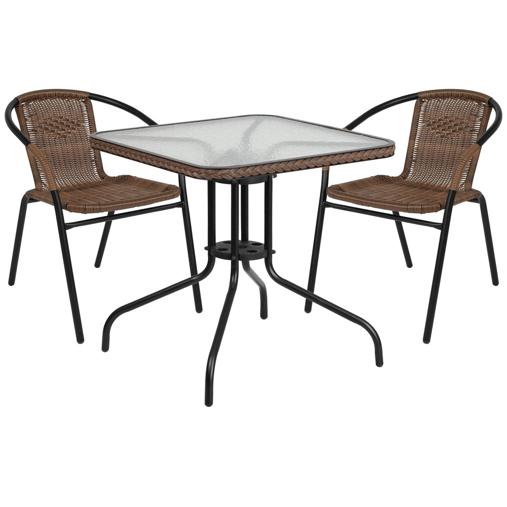 Ensemble de salle à manger de patio 3 pièces en métal et rotin avec table carrée de 28 pouces - 28 L x 28 P x 28 H