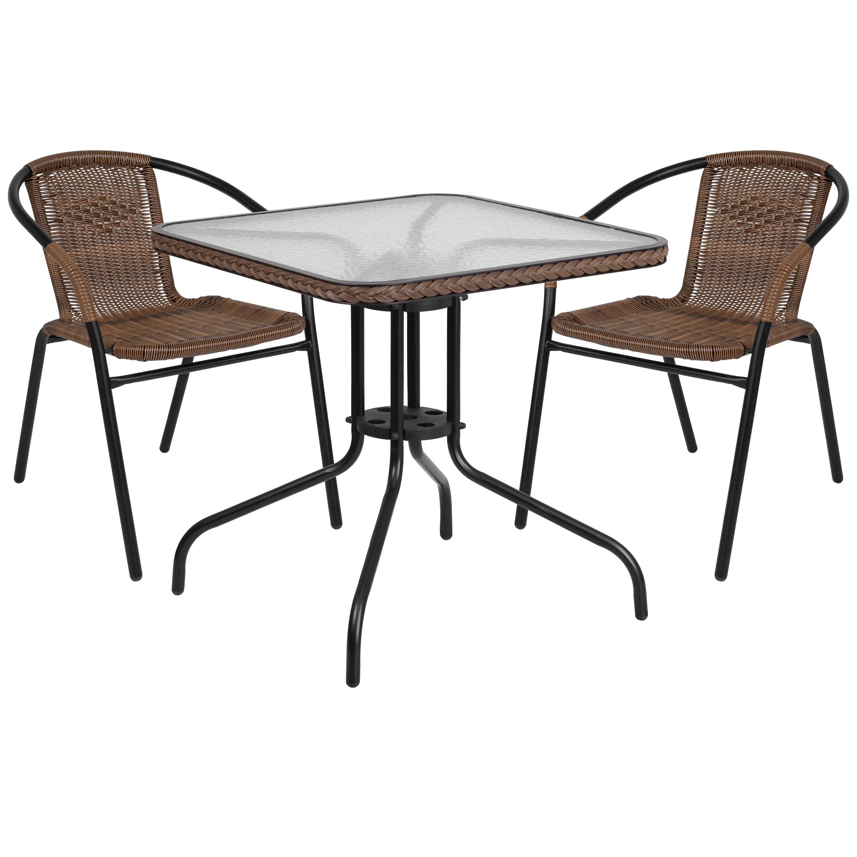 Ensemble de salle à manger de patio 3 pièces en métal et rotin avec table carrée de 28 pouces - 28 L x 28 P x 28 H