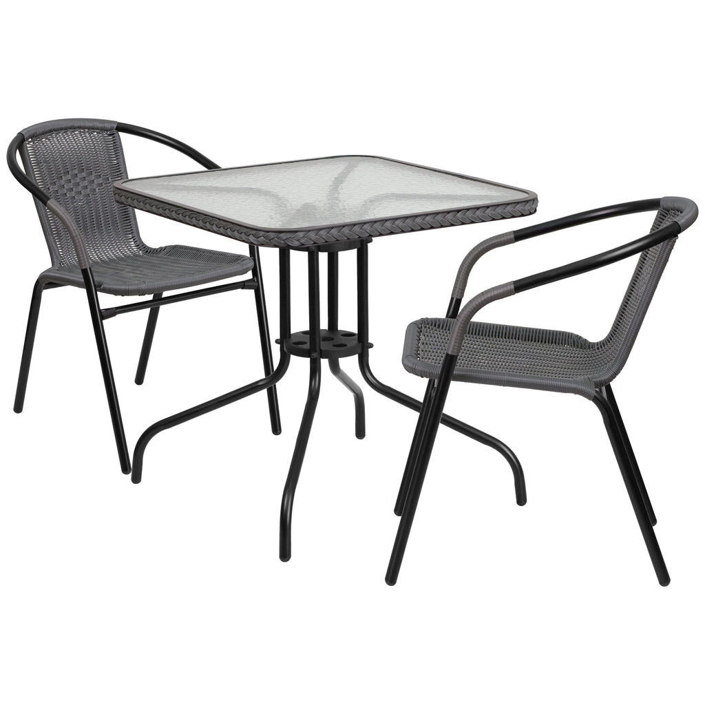Ensemble de salle à manger de patio 3 pièces en métal et rotin avec table carrée de 28 pouces - 28 L x 28 P x 28 H