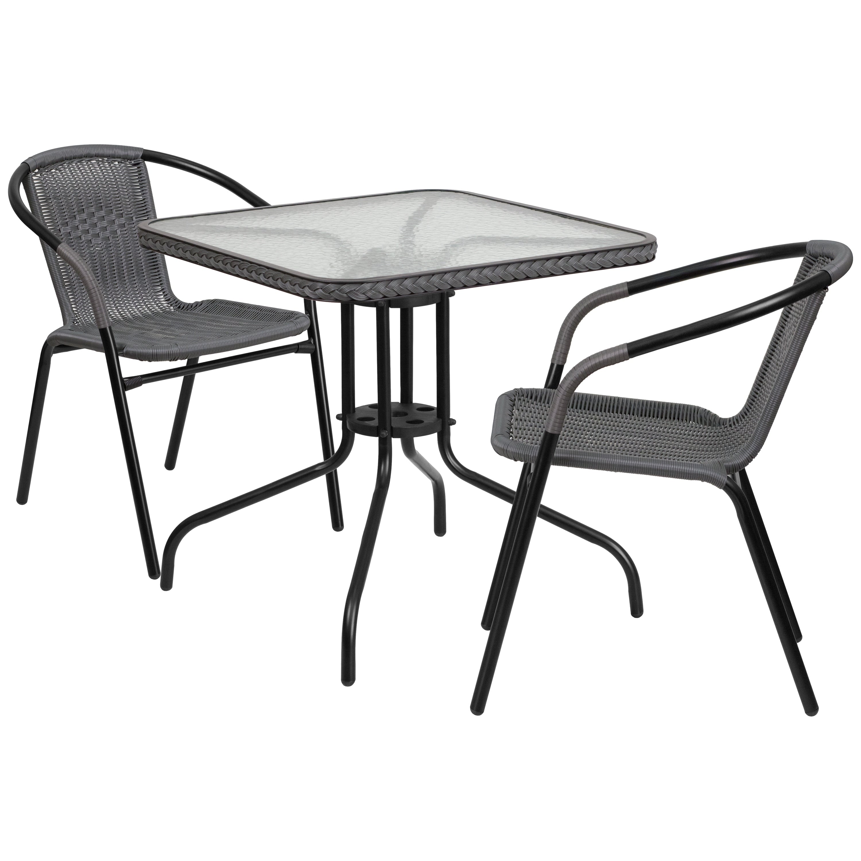 Ensemble de salle à manger de patio 3 pièces en métal et rotin avec table carrée de 28 pouces - 28 L x 28 P x 28 H