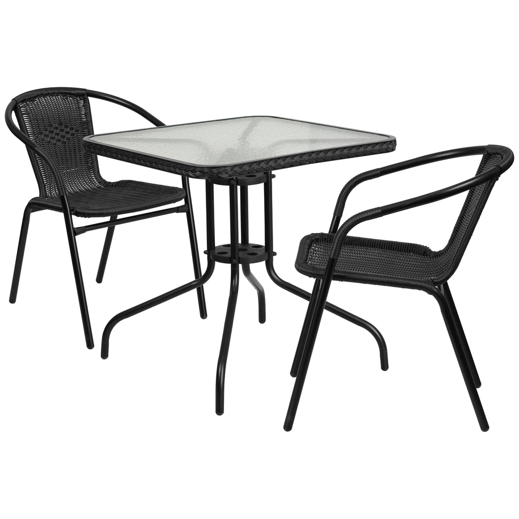 Ensemble de salle à manger de patio 3 pièces en métal et rotin avec table carrée de 28 pouces - 28 L x 28 P x 28 H