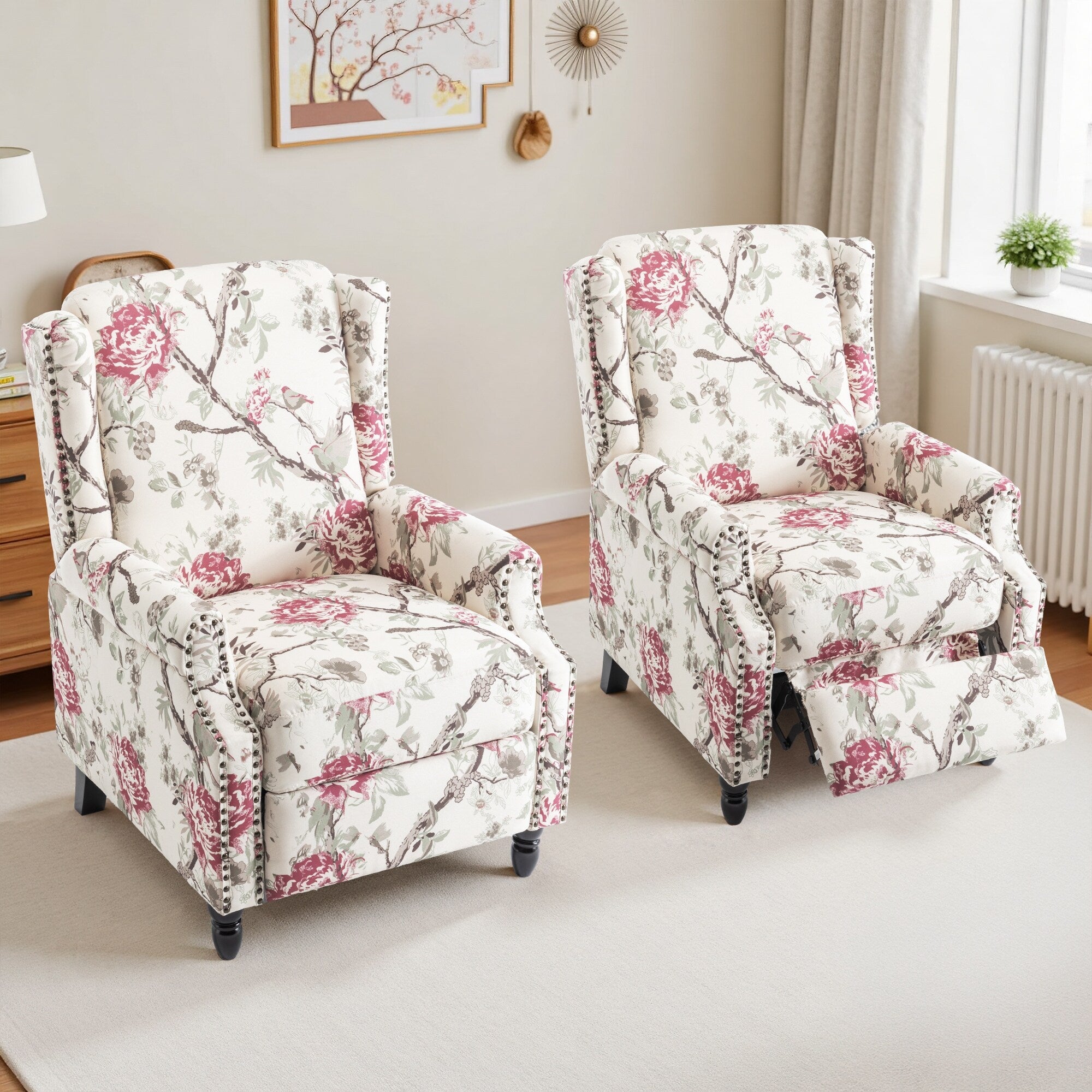 Ensemble de 2 fauteuils inclinables manuels à dossier à motif floral vintage de 29 po de largeur