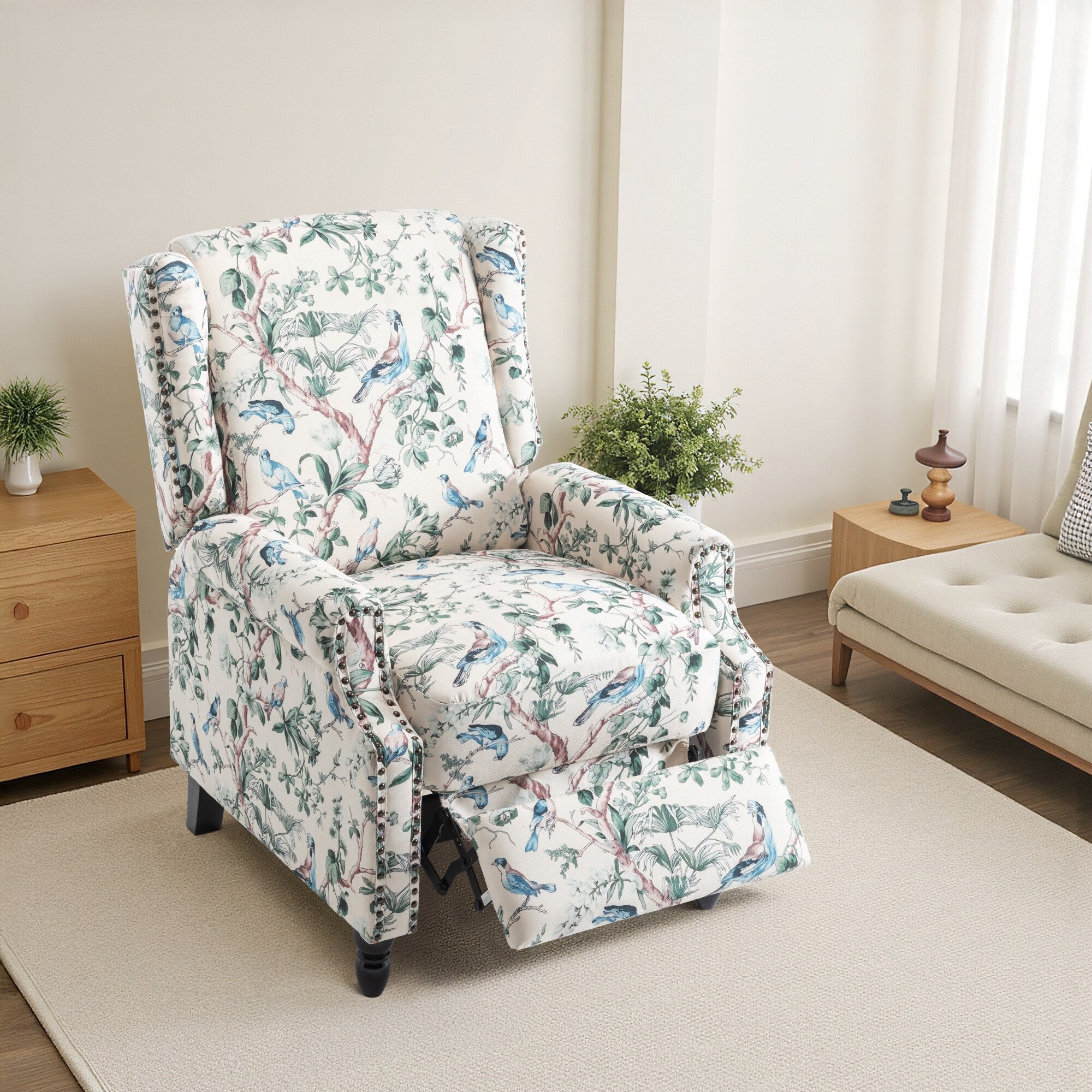Fauteuil inclinable manuel à dossier relevable en lin vintage à motif floral de 29 po de largeur
