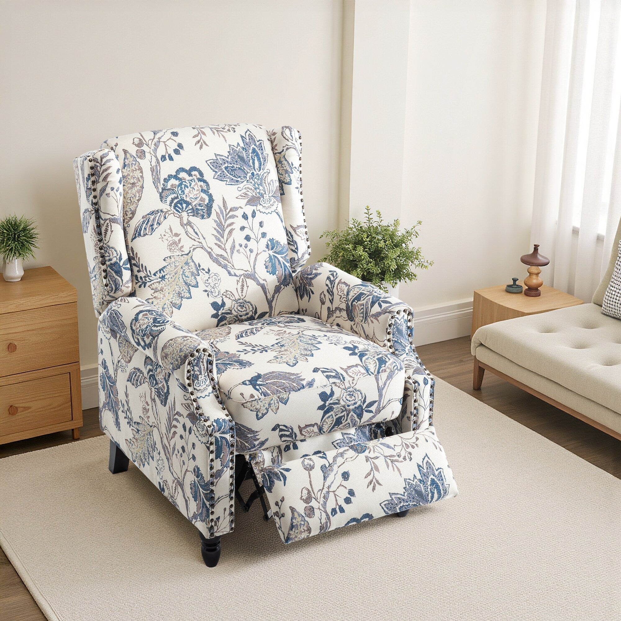 Fauteuil inclinable manuel à dossier relevable en lin vintage à motif floral de 29 po de largeur