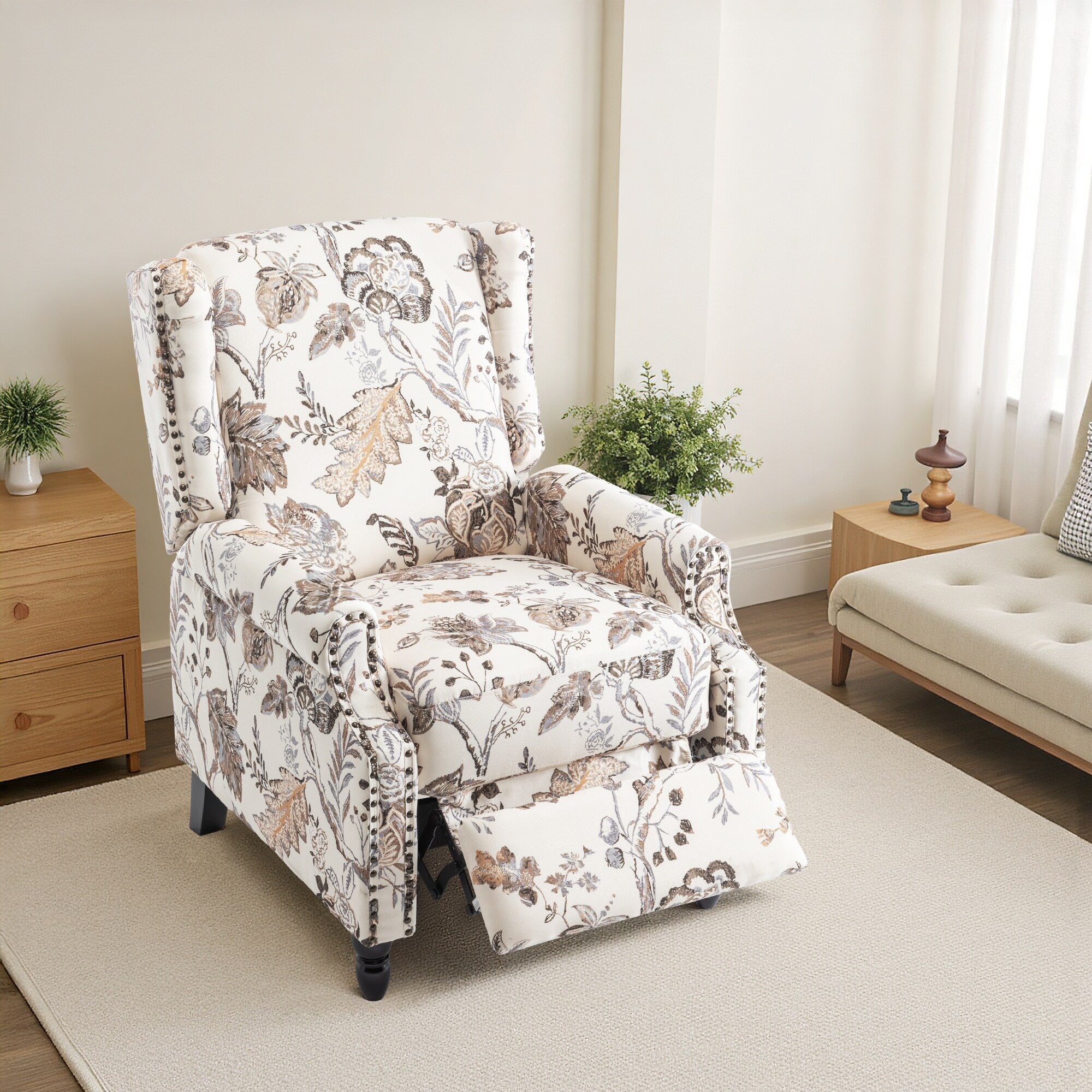Fauteuil inclinable manuel à dossier relevable en lin vintage à motif floral de 29 po de largeur